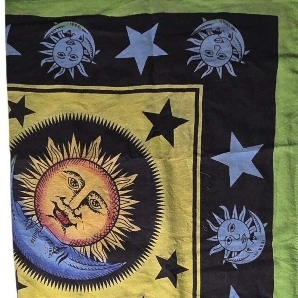 Boho Sun Moon Stars cotton Wall Hanging Throw Blanket Yellow Black Green full sz